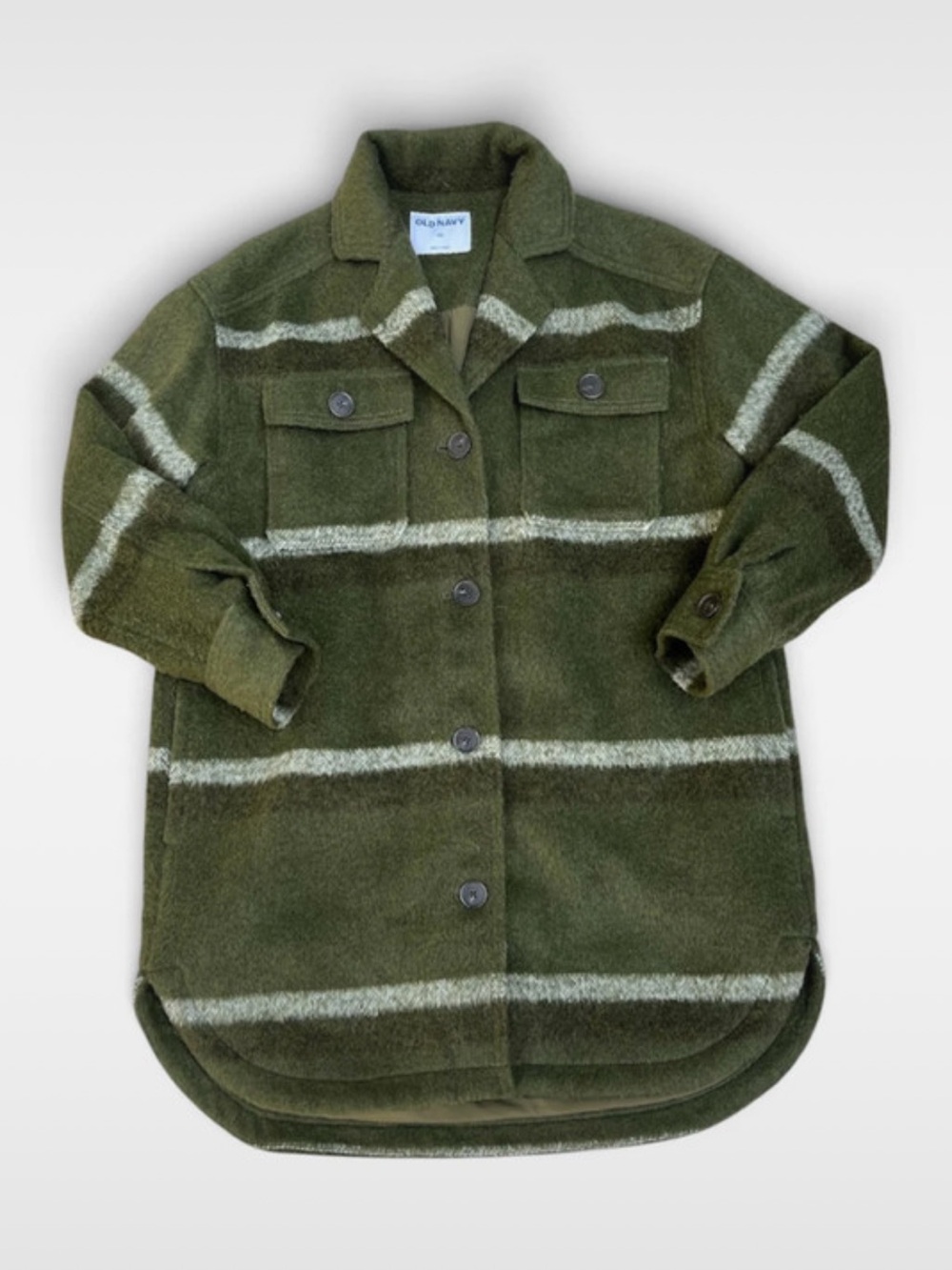Old Navy Printed Flannel Long Utility in Olive Stripe Shacket Women’s Size XS